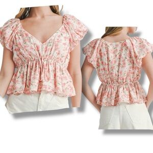 Puff Sleeve Crop Blouse Peplum Top Floral All in Favor Size Medium